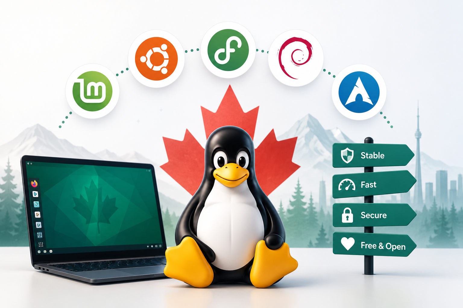 Laptop displaying several popular Linux distributions, including Ubuntu, Fedora, Debian, and Linux Mint, with the Linux Association of Canada logo and Canadian-themed graphics representing the journey of choosing the right Linux distribution.