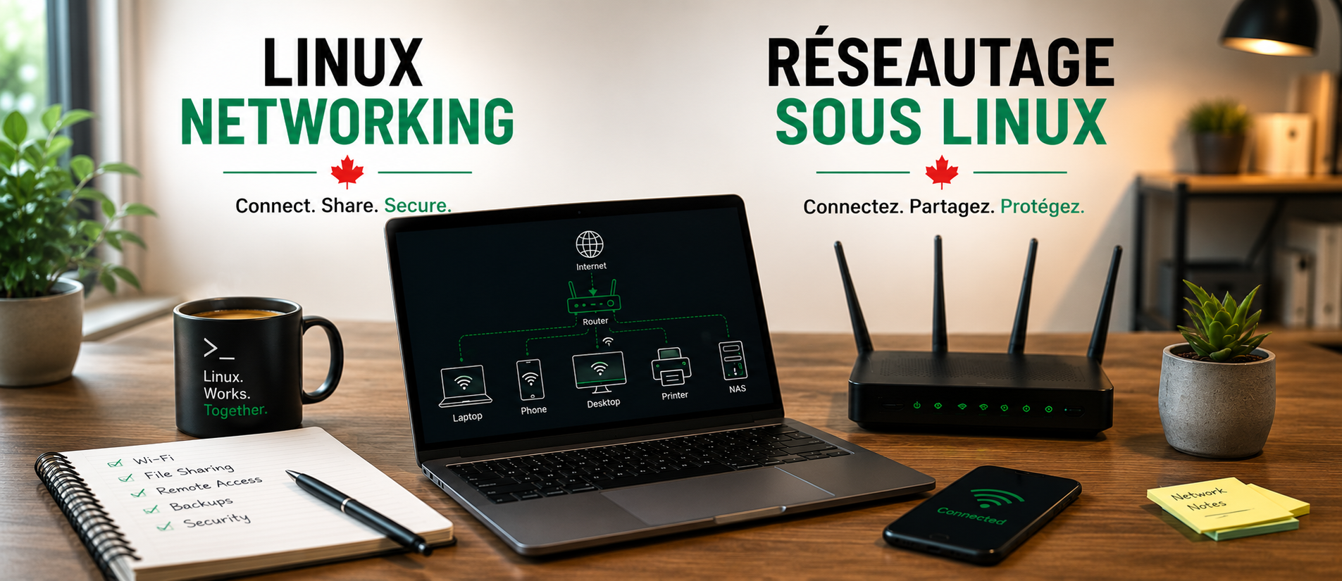 A wide banner showing a modern home office workspace focused on Linux networking. A laptop displays a simple network diagram connecting a router, laptop, smartphone, desktop computer, printer, and NAS device. A Wi-Fi router, smartphone, notebook, coffee m