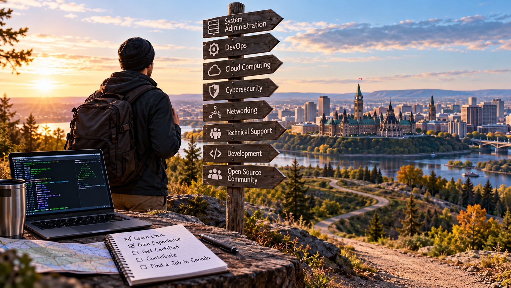 A person with a backpack stands at a scenic overlook, looking toward a Canadian city at sunrise. A wooden signpost points toward Linux career paths, including system administration, DevOps, cloud computing, cybersecurity, networking, technical support, de